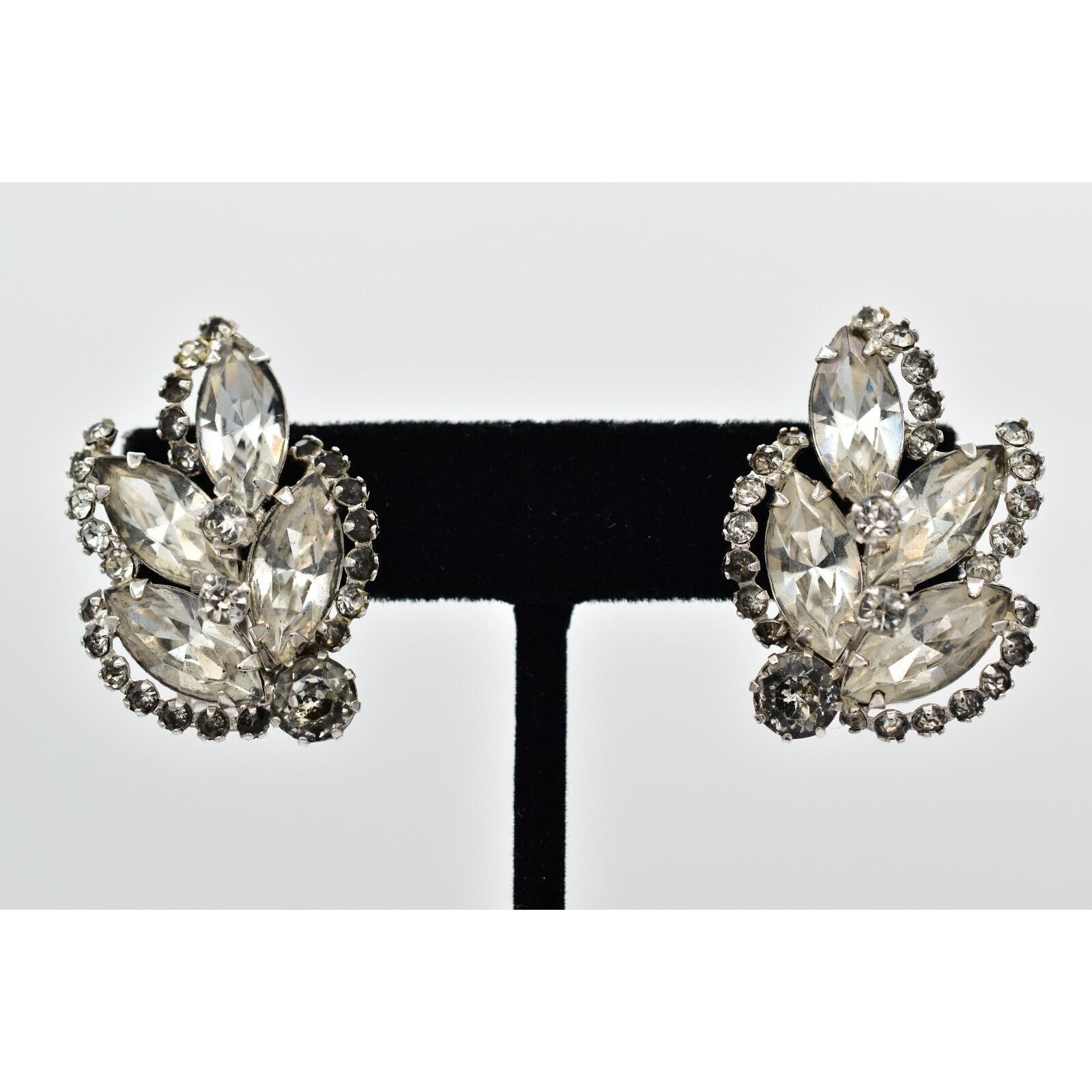 Weiss Vintage Crystal Clip On Earrings Marquise Rhinestone Chunky Silver 80s 9m 40$